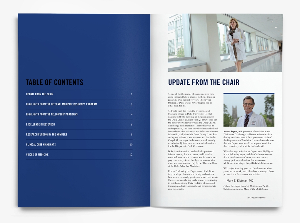 Pages of the Duke University Department of Medicine 2017 Alumni Report, including the table of contents and chairman's update.