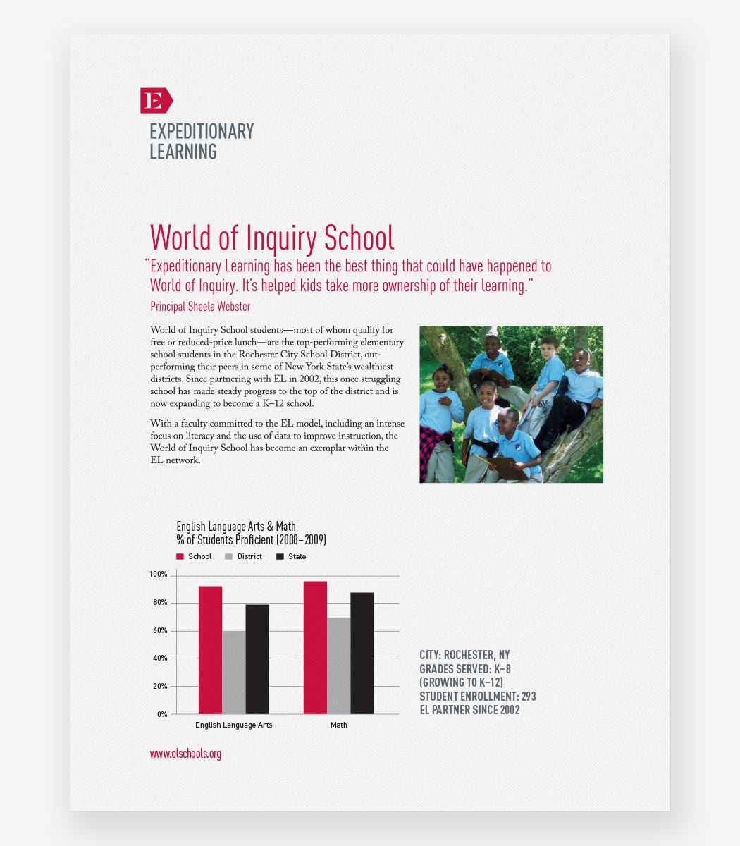 An Expeditionary Learning brochure with the title "World of inquiry school" with with images of students and a data chart.