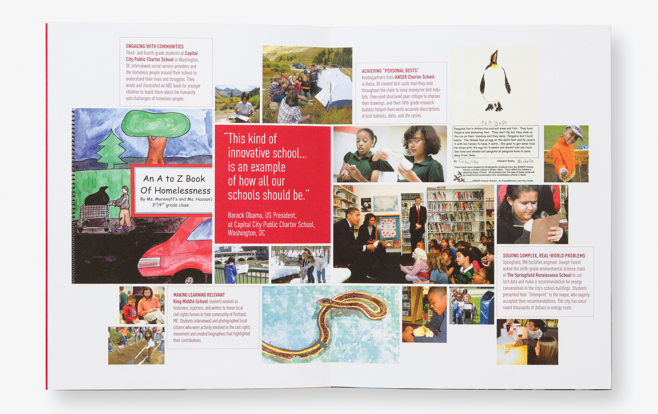 Pages from the Expeditionary Learning image brochure showing a collage of student and teacher photos and learning materials.