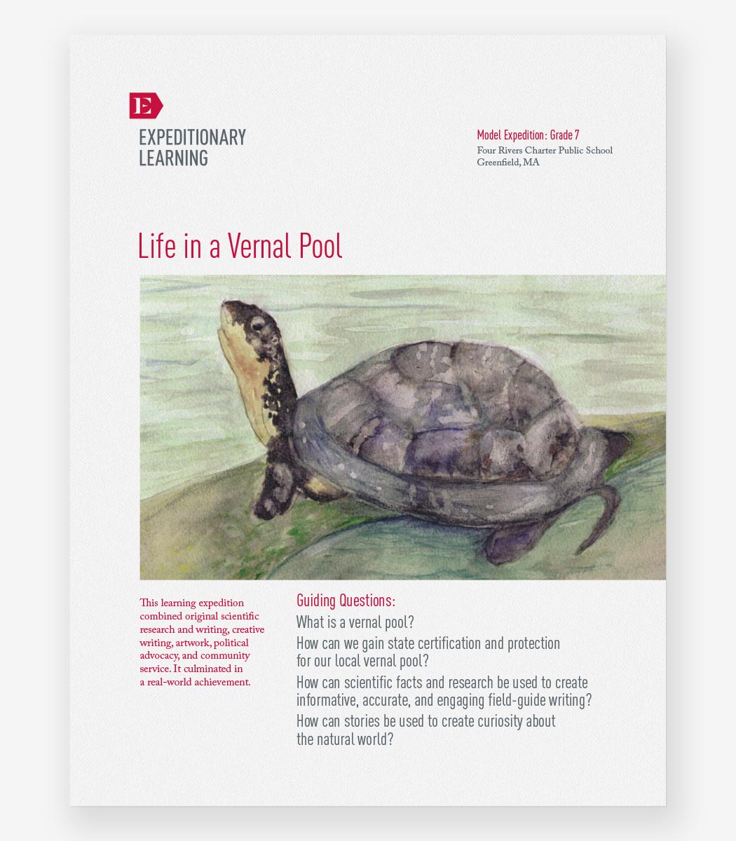 An Expeditionary Learning brochure on the topic "Life in a vernal pool" with an illustrated image of a turtle.