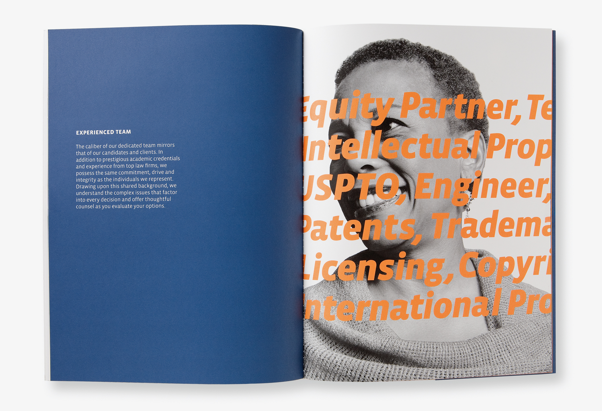 Pages from the Empire Search Partners capabilities brochure with a woman's face behind bold orange type.
