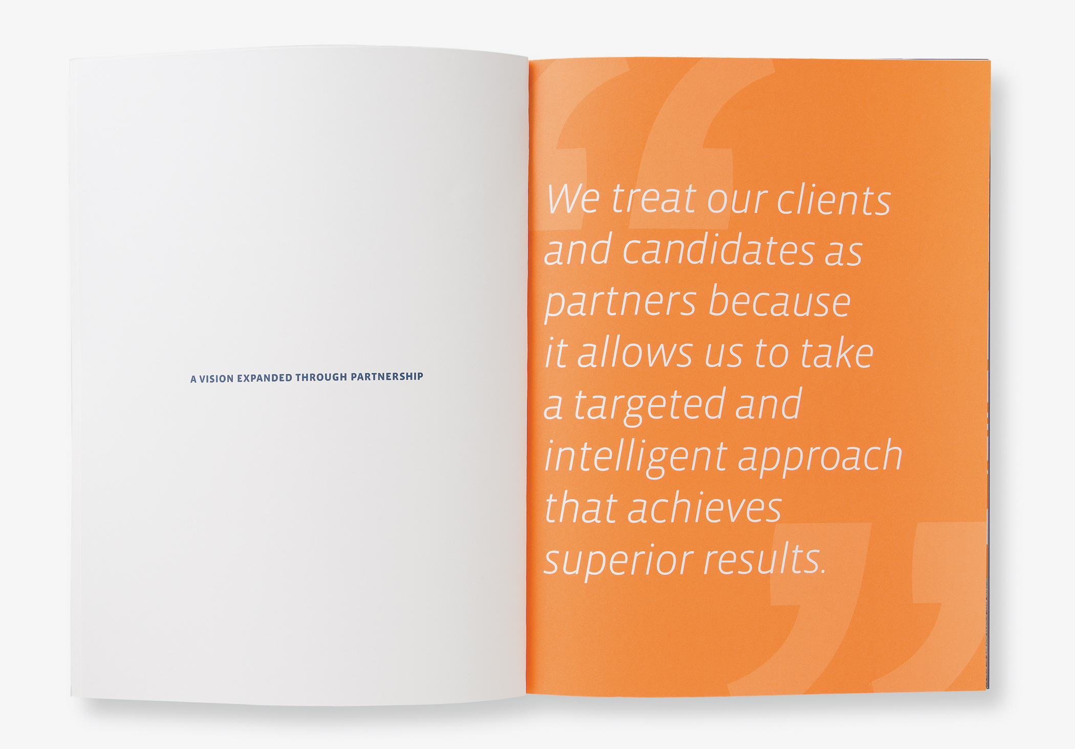 Orange and white pages form an Empire Search Partners brochure with the headline, A vision expanded through partnership.