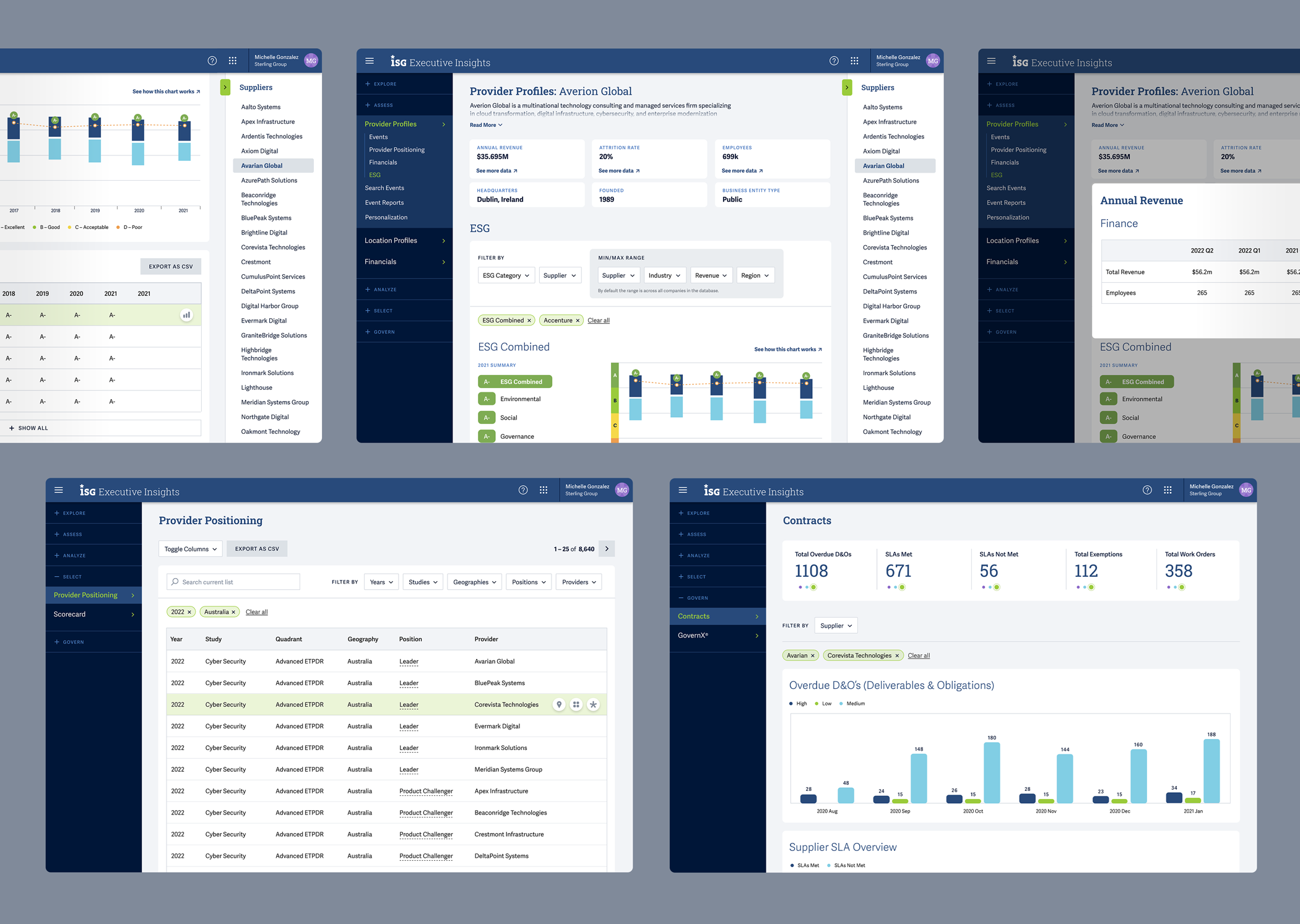 UX/UI designs for the ISG Executive Insights platform, including Provider Profiles, ESG data visualization, Provider Positioning, and Contracts dashboards.