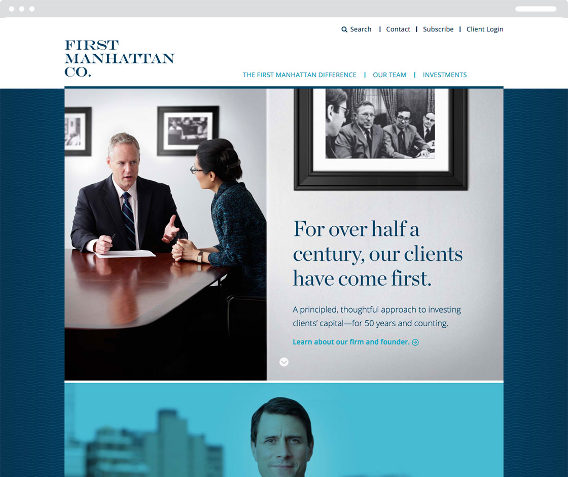 The First Manhattan homepage, with the headline text, "For over a half century, our clients have come first."