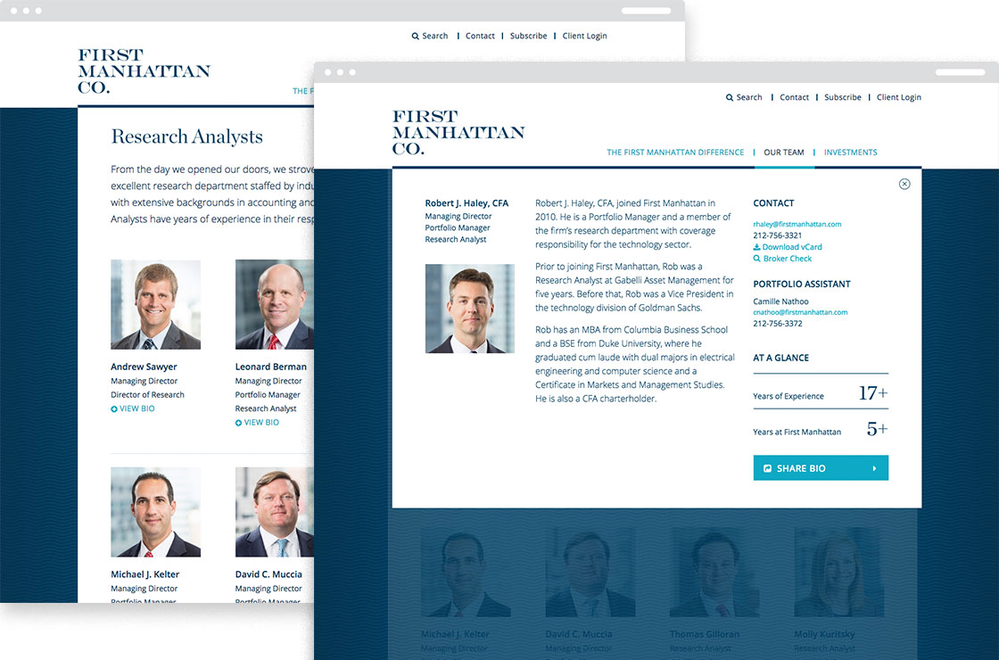 Excerpts from the First Manhattan Research Analysts and Research Analysts biography website pages.