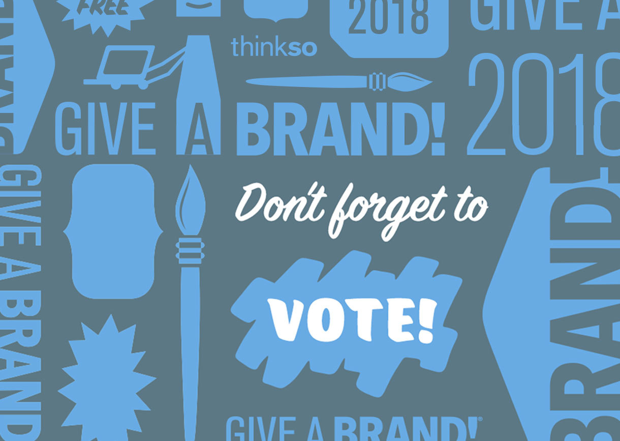 A gray and blue Thinkso Give a Brand 2020 promotional banner with the text, Don't forget to vote!