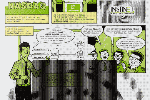An animated illustration from Instinet's Fintech at Fifty graphic novel showing rotating concentric circles of dots.