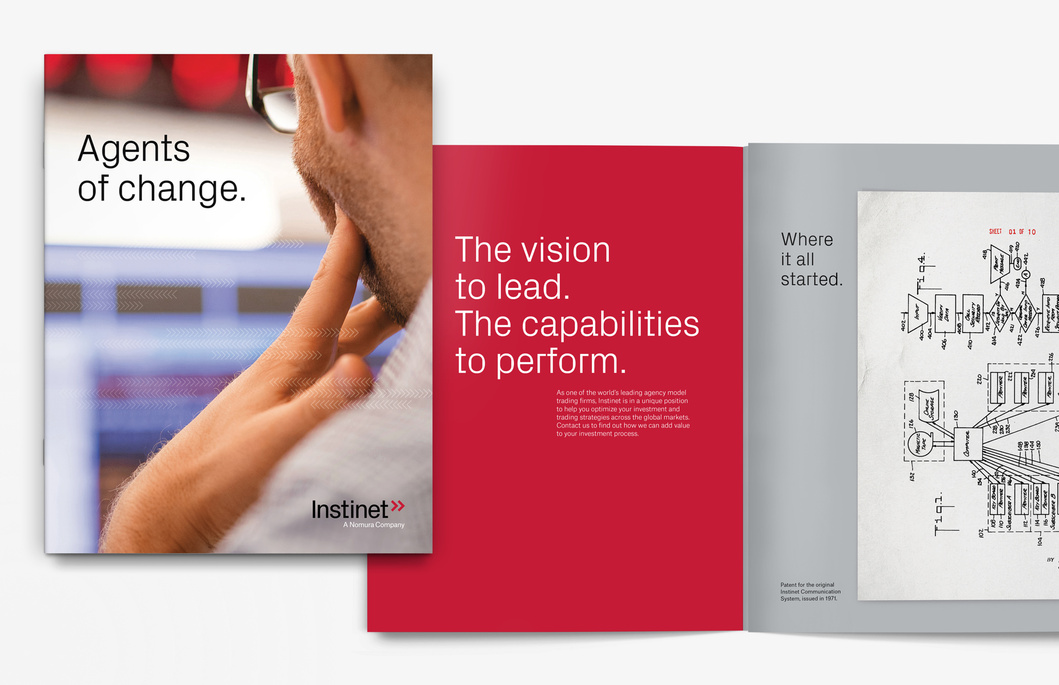 The cover and an inside spread of the Instinet firm brochure, title Agents of Change.