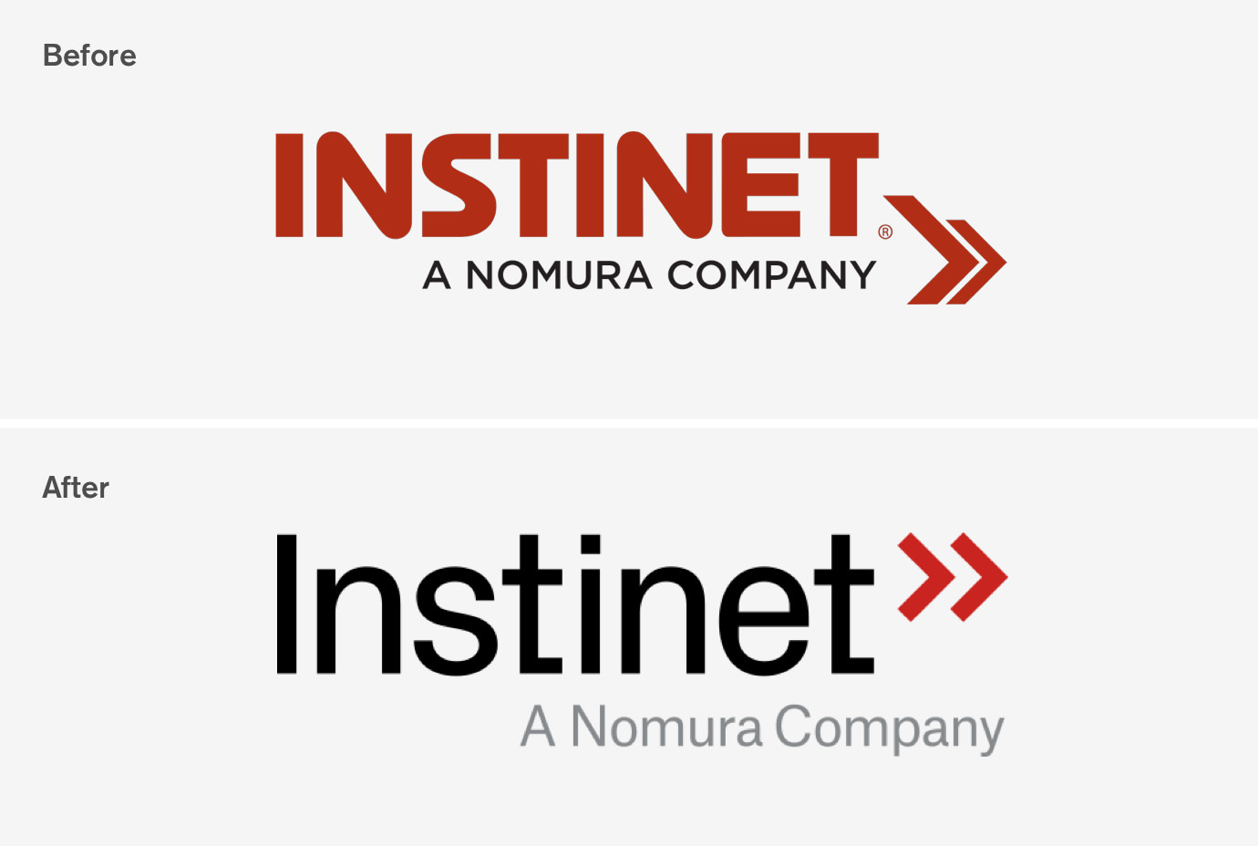 A side-by-side comparison of the old and new Instinet logos showing the refinements made by Thinkso designers.