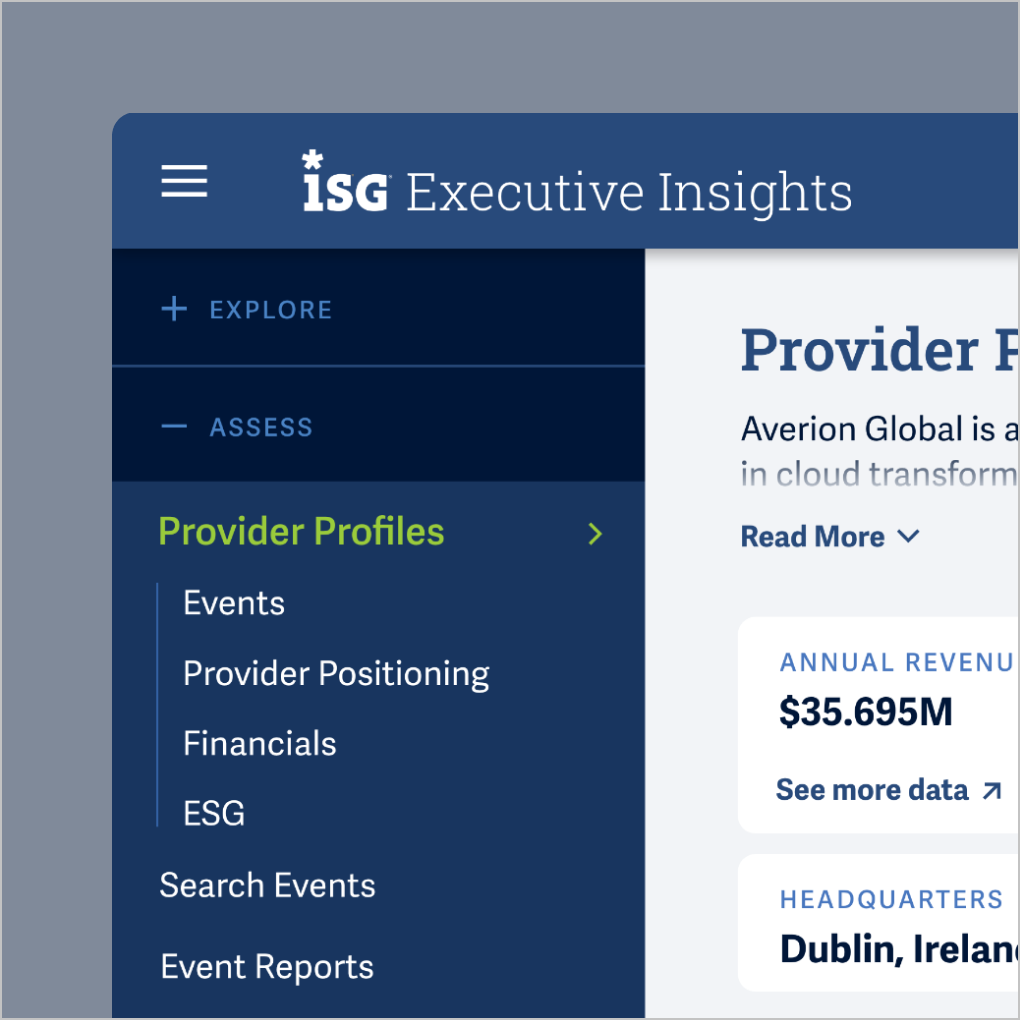 Redesigned ISG Executive Insights user interface featuring accordion navigation for the Provider Profiles section.