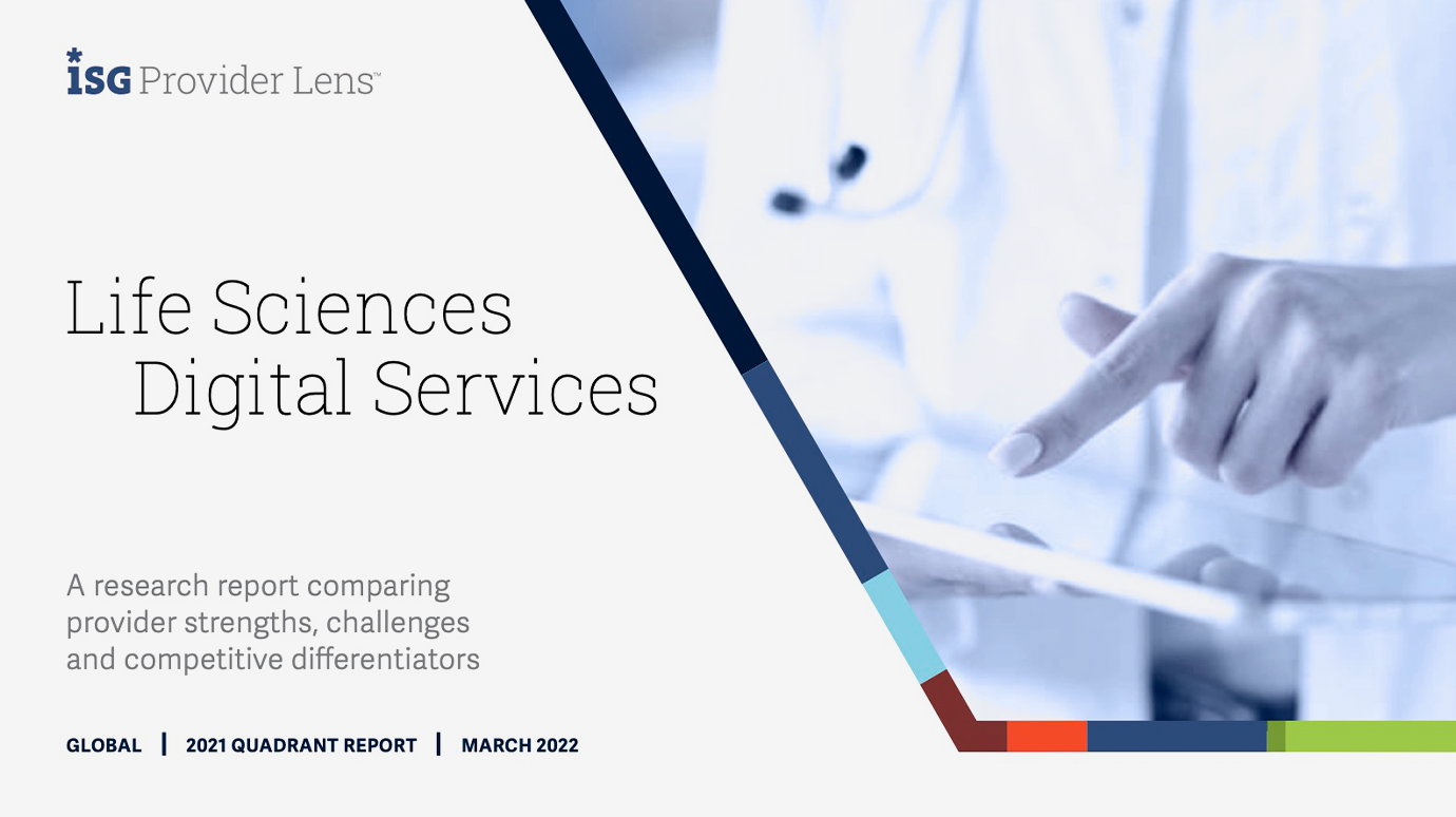 Four pages from an ISG Provider Lens report, including the cover with the title, Life Sciences and Digital Services. 