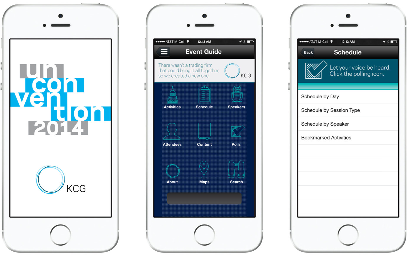 Screens of the 2014 KCG Uncon client event app displayed on three, side-by-side smartphones.