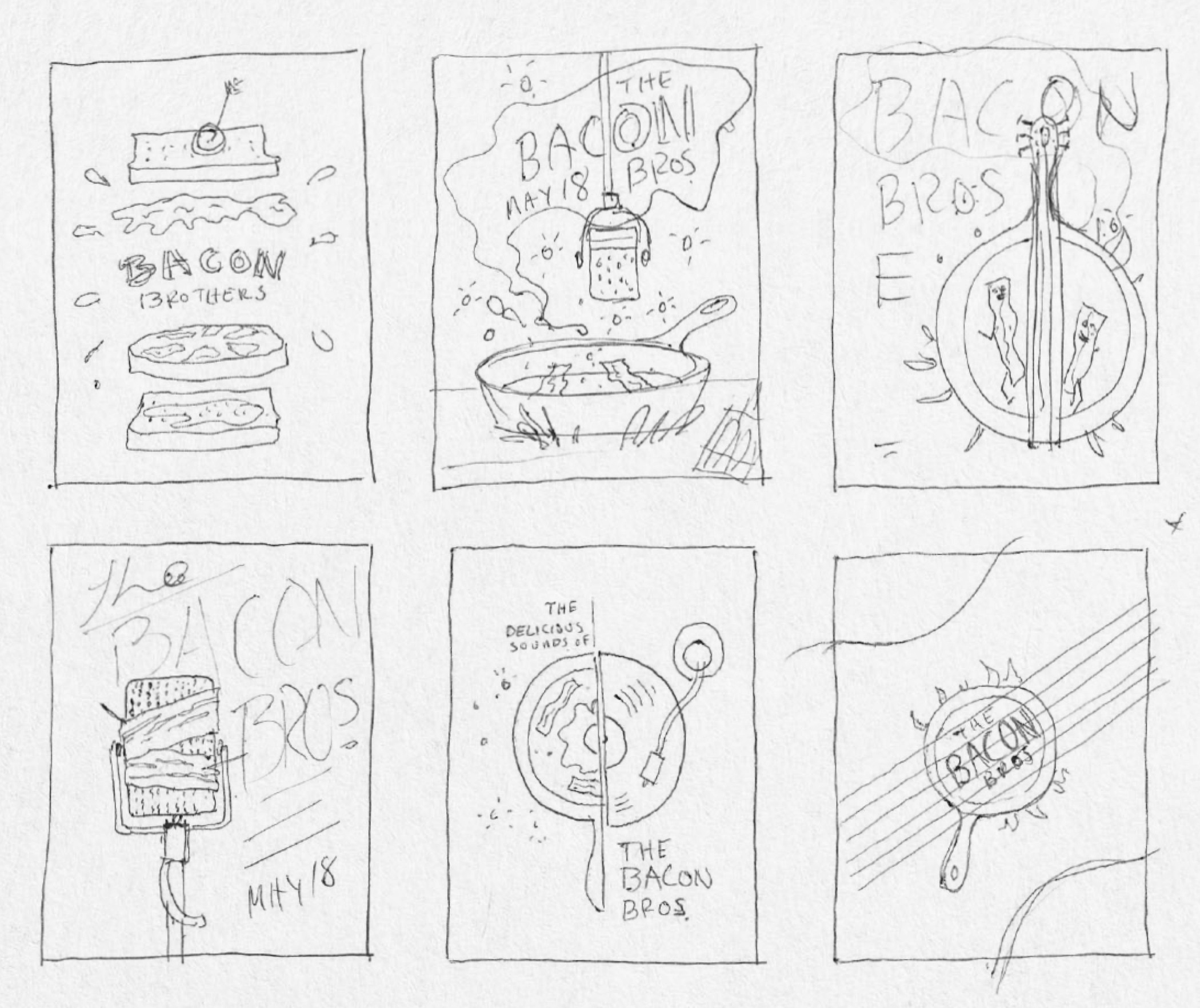 An array of sketches for a poster promoting the band The Bacon Bros. The sketches depict various connections between music and food.