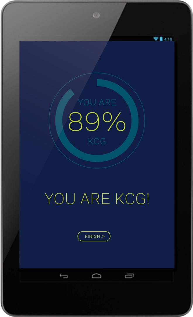 Smartphone screen shot showing the features of the "Are You KCG?" recruiting app.
