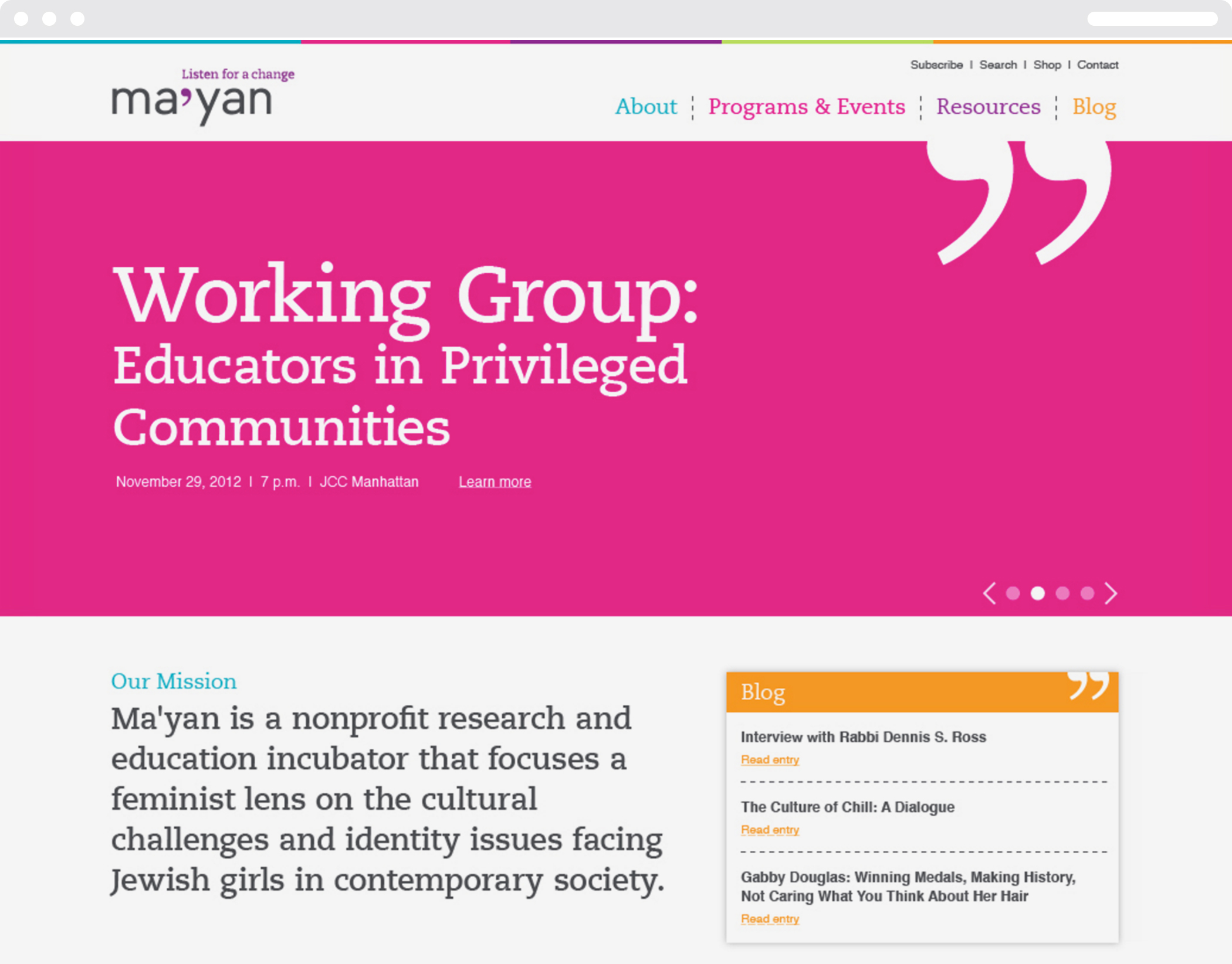 A programs and events page for the Ma'yan website, with white type on a bright magenta background that reads, Working group: Educators in privileged communities.