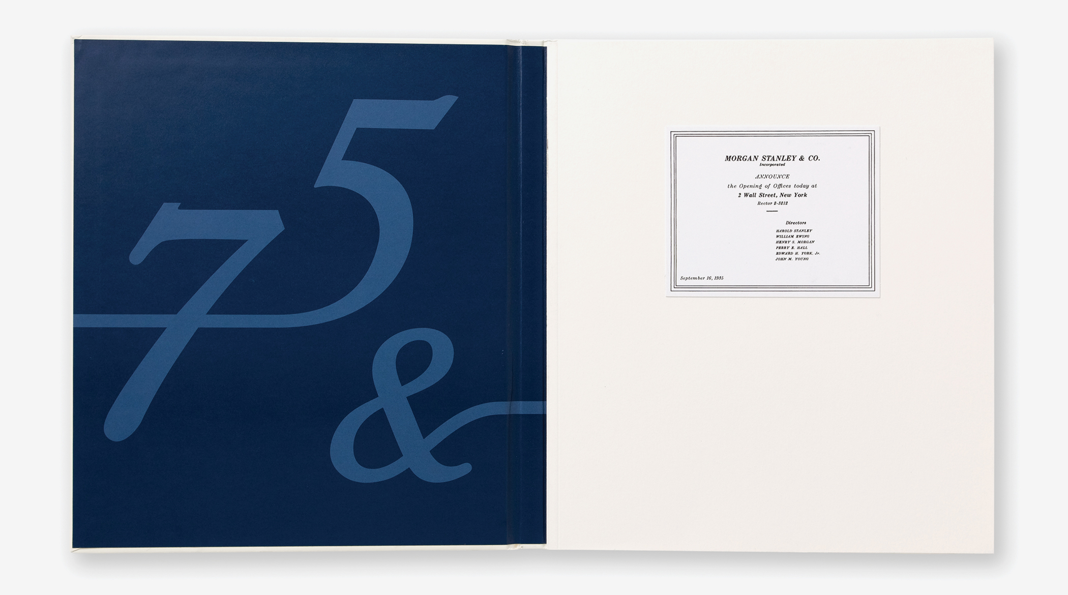 Pages from the Morgan Stanely 75th anniversary commemorative book with a reproduction of the announcement of the company's formation.
