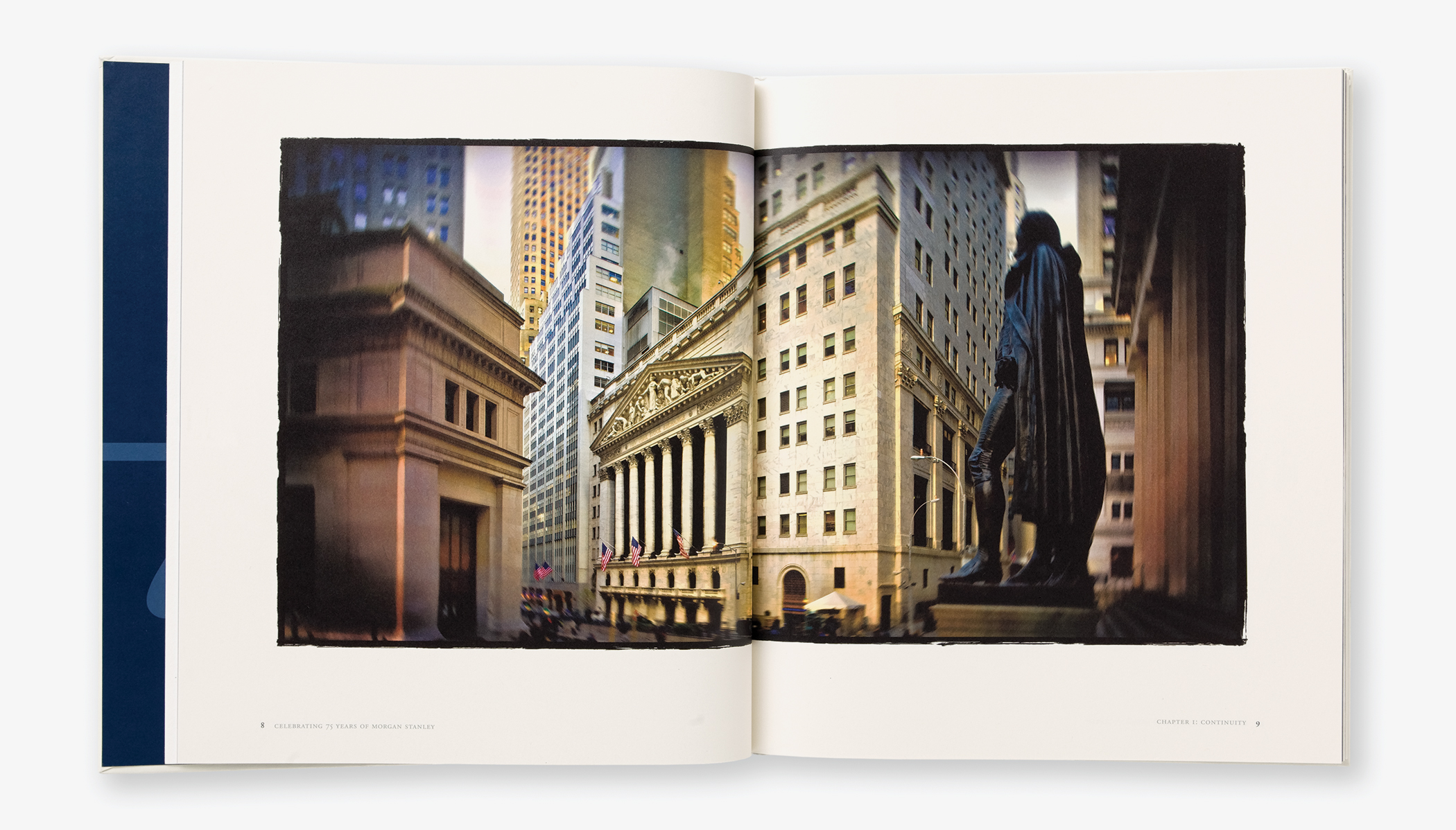 Pages from the Morgan Stanley 75th anniversary commemorative book with iconic images of Wall Street.