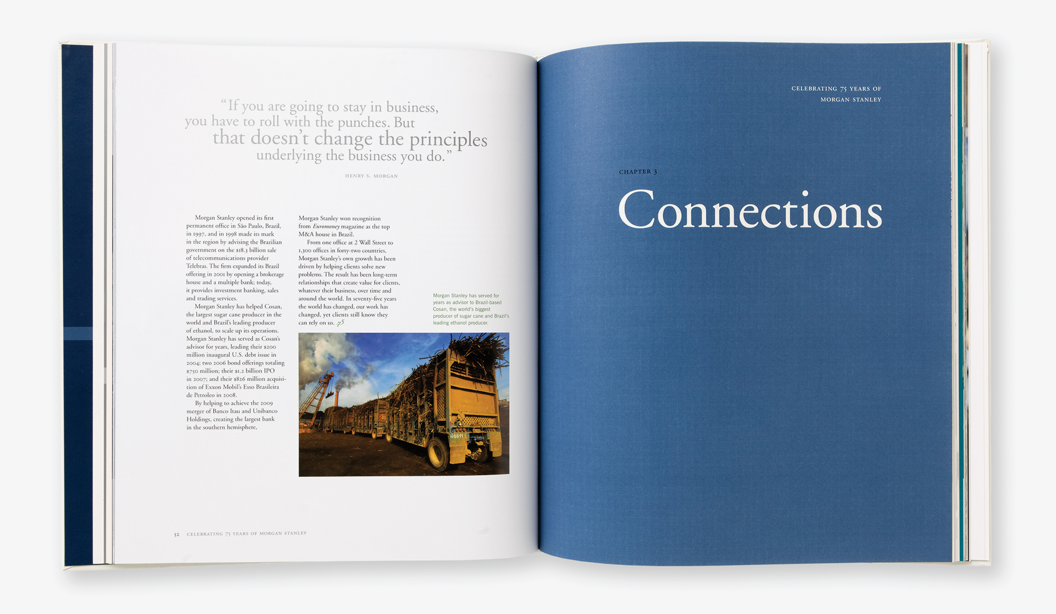 A chapter divider page from the Morgan Stanley 75th anniversary commemorative book with the title, Connections.