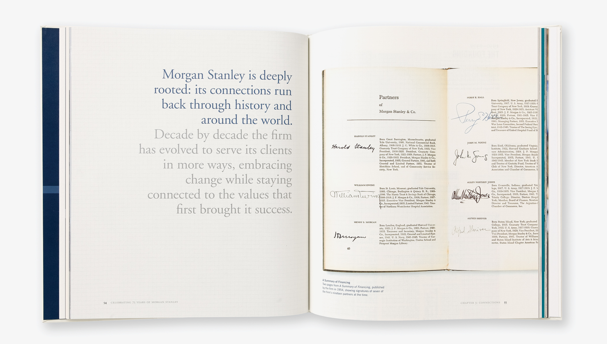 Pages from the Morgan Stanley 75th anniversary commemorative book with images of a early list of partner's signatures and their bios.