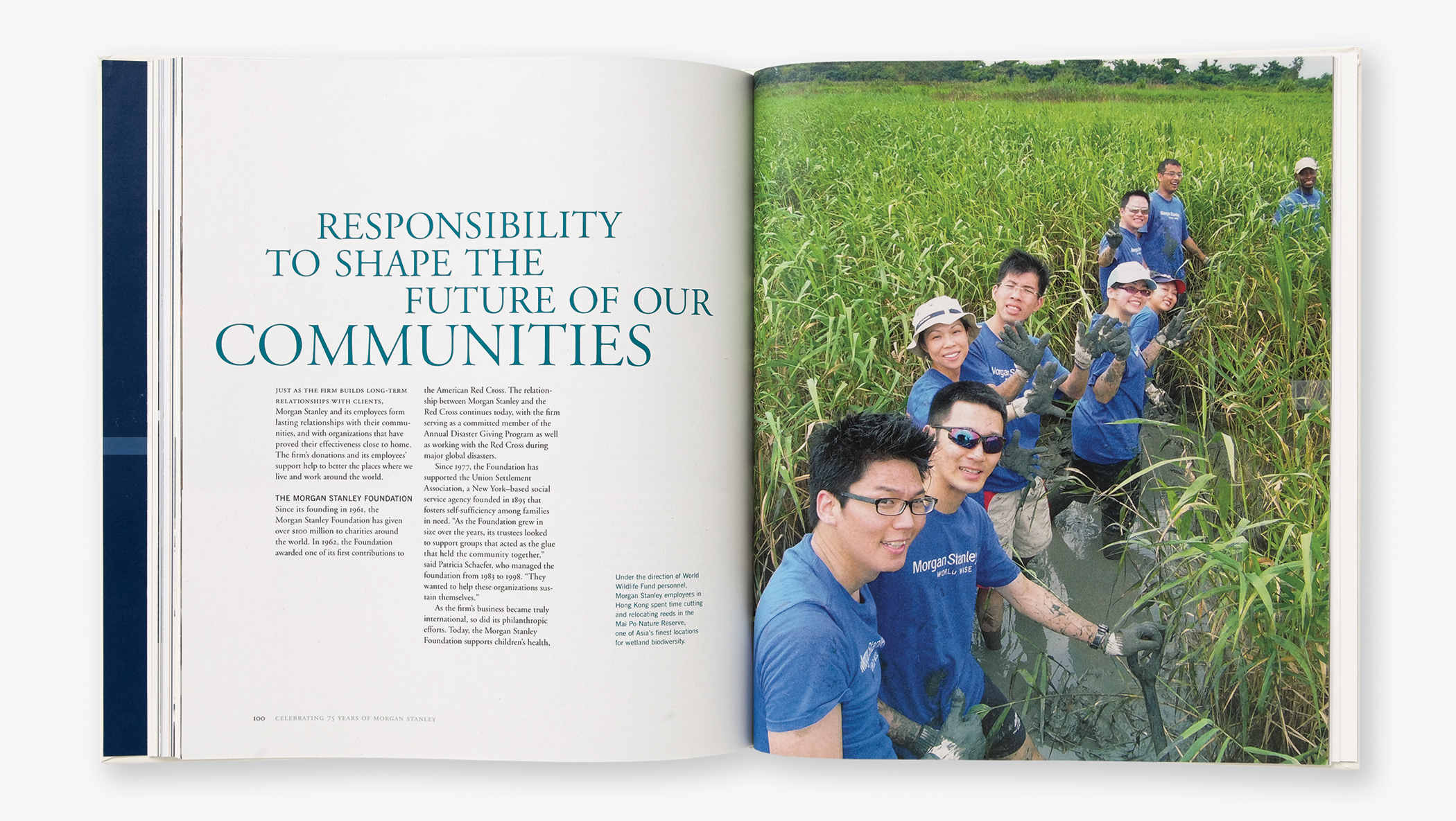 Morgan Stanley staff doing volunteer work in a green field from the Morgan Stanley 75th anniversary commemorative book.