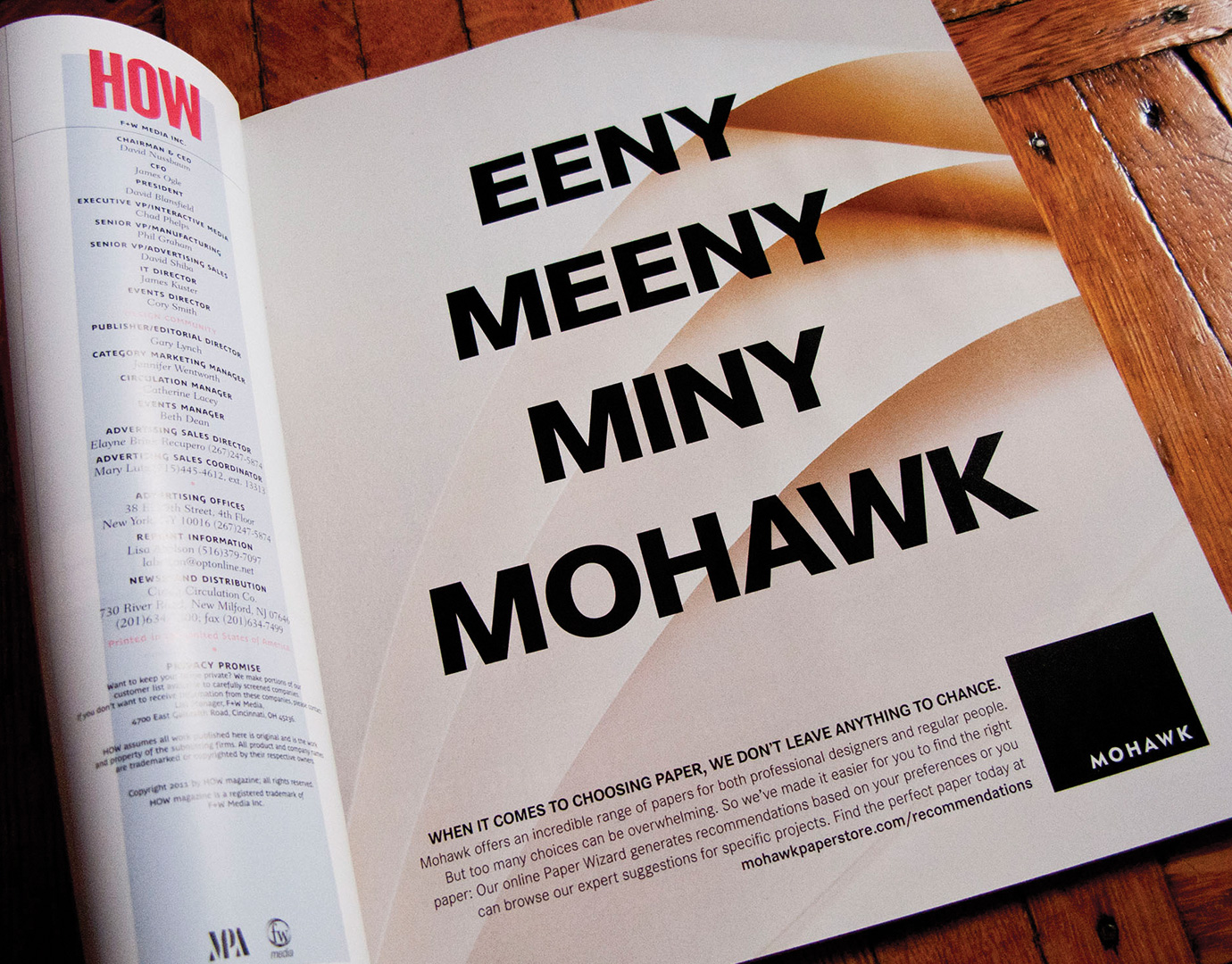 A Mohawk Fine Papers magazine ad with the text, eeeny, meany, miny, Mohawk.