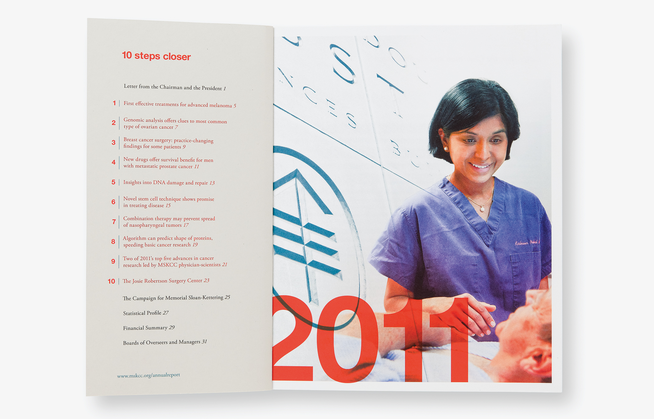 The table of contents page from the Memorial Sloan-Kettering 2011 annual report with an image of a nurse and patient.