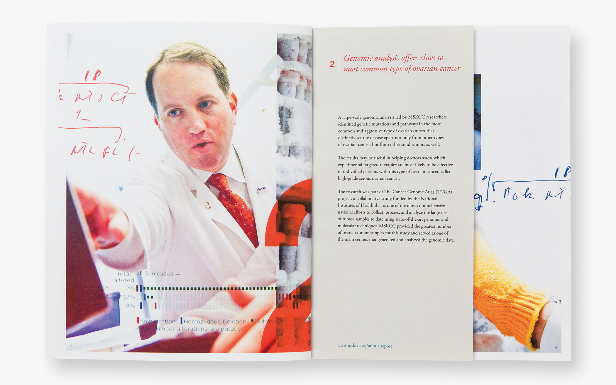 A page from the Memorial Sloan-Kettering 2011 annual report about genomic analysis shows a doctor at a whiteboard.