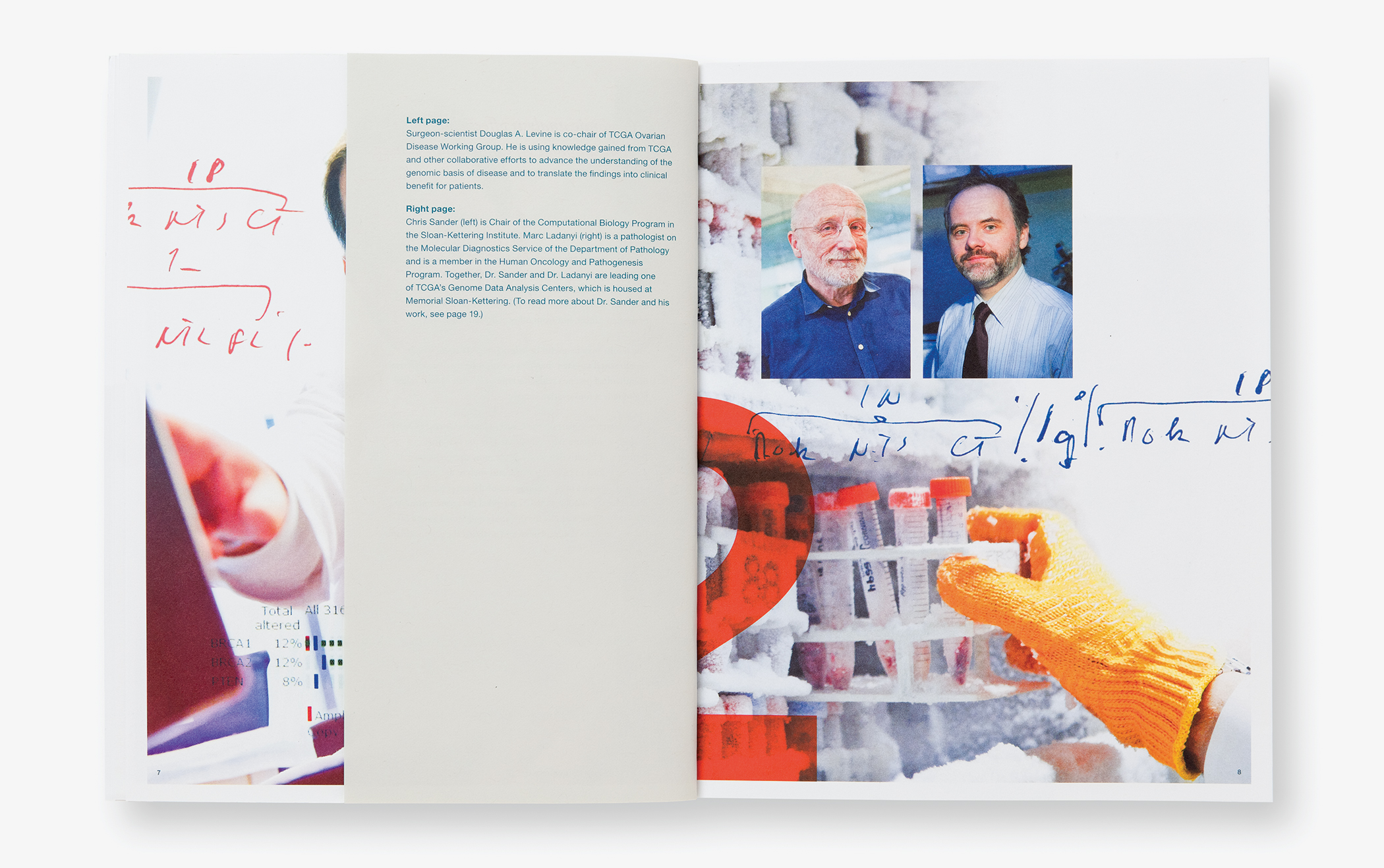 Headshots of doctors and images from a medical lab in the Memorial Sloan-Kettering 2011 annual report.