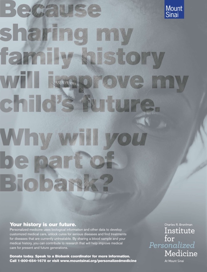 An Institute for Personalized Medicine poster with the text, Because sharing my family history will improve my child's future.