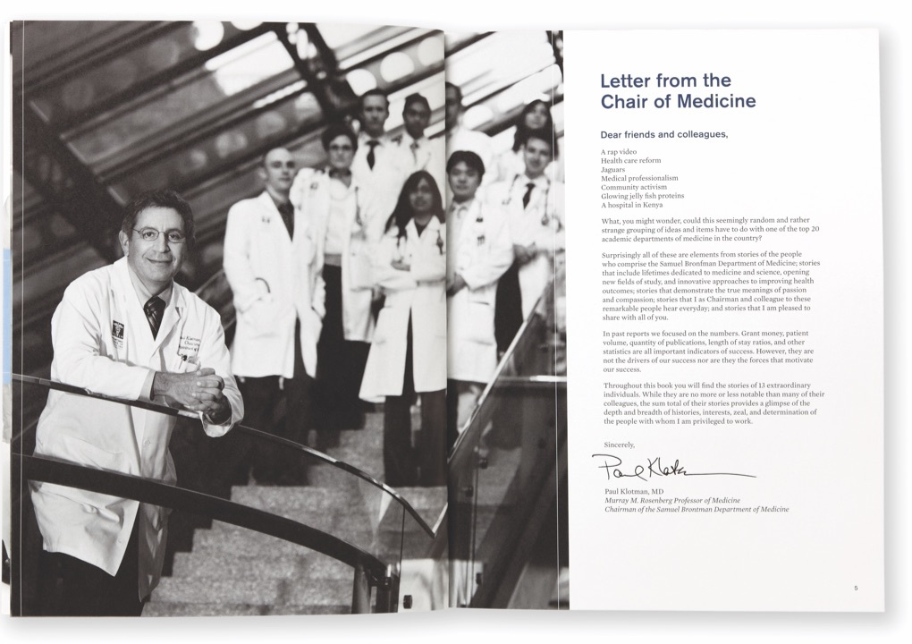 Pages from the Mount Sinai Department of Medicine 2009 annual report with a group of doctors and students on a stairway and a letter from the chair of the department.