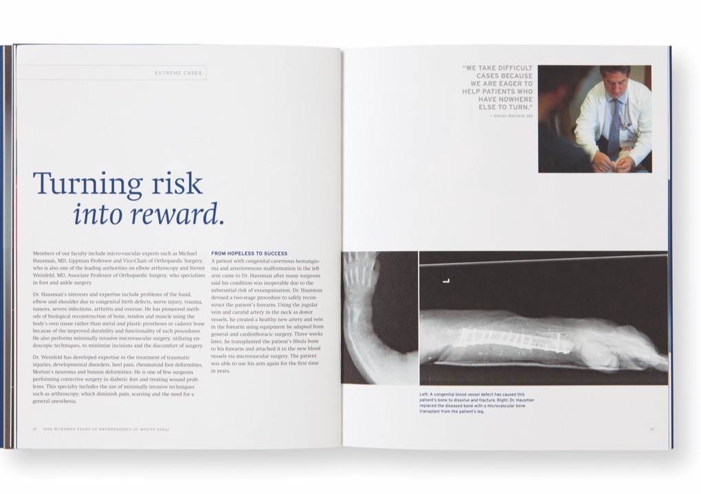 Pages from the Mount Sinai Orthopaedics Annual Report with the headline, Turning risk into reward and images of doctor at work and x-ray films. 