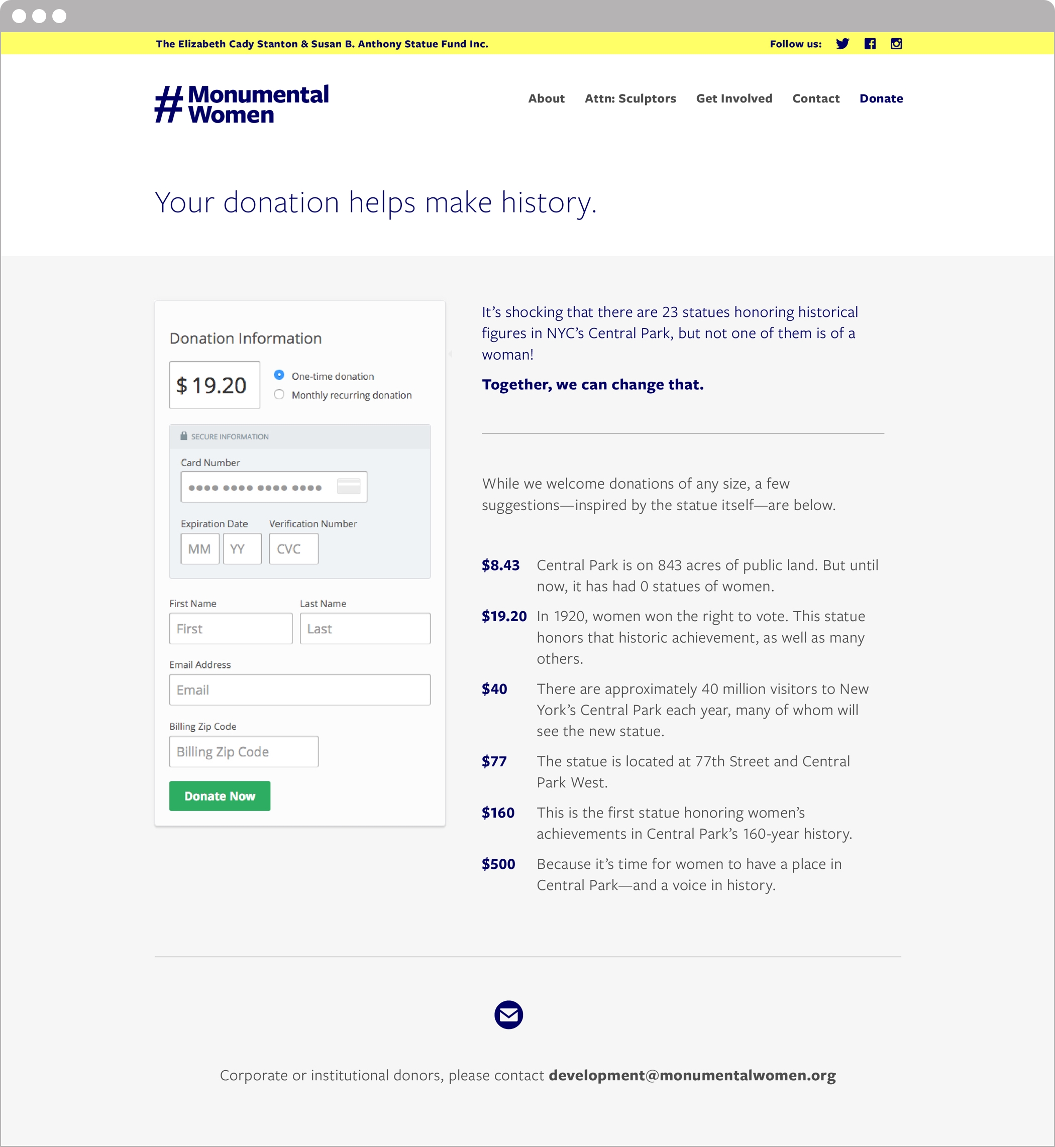 Design of donation page on the Monumental Women website.