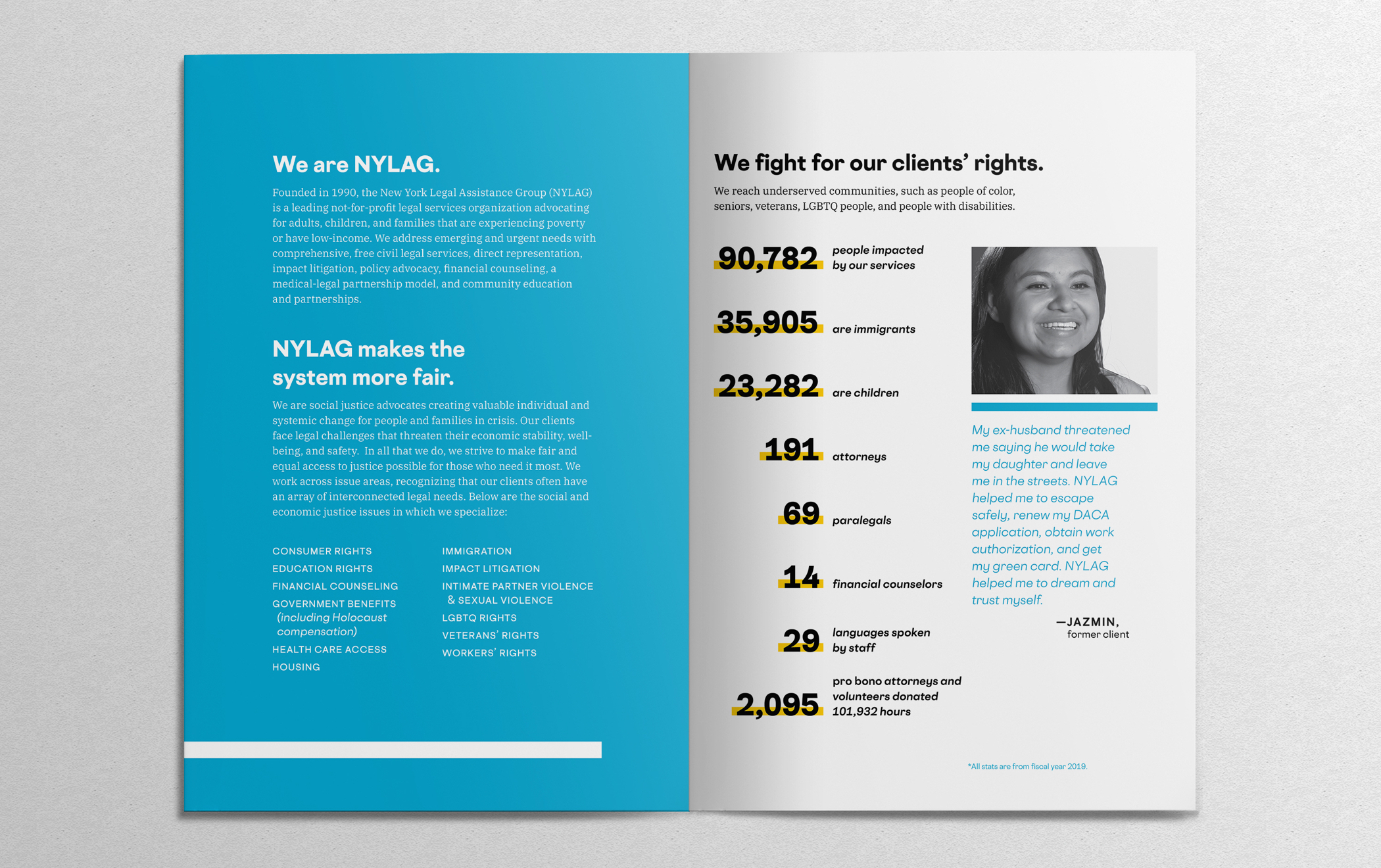 Introductory pages of New York Legal Assistance Group brochure with the headline "We are NYLAG."