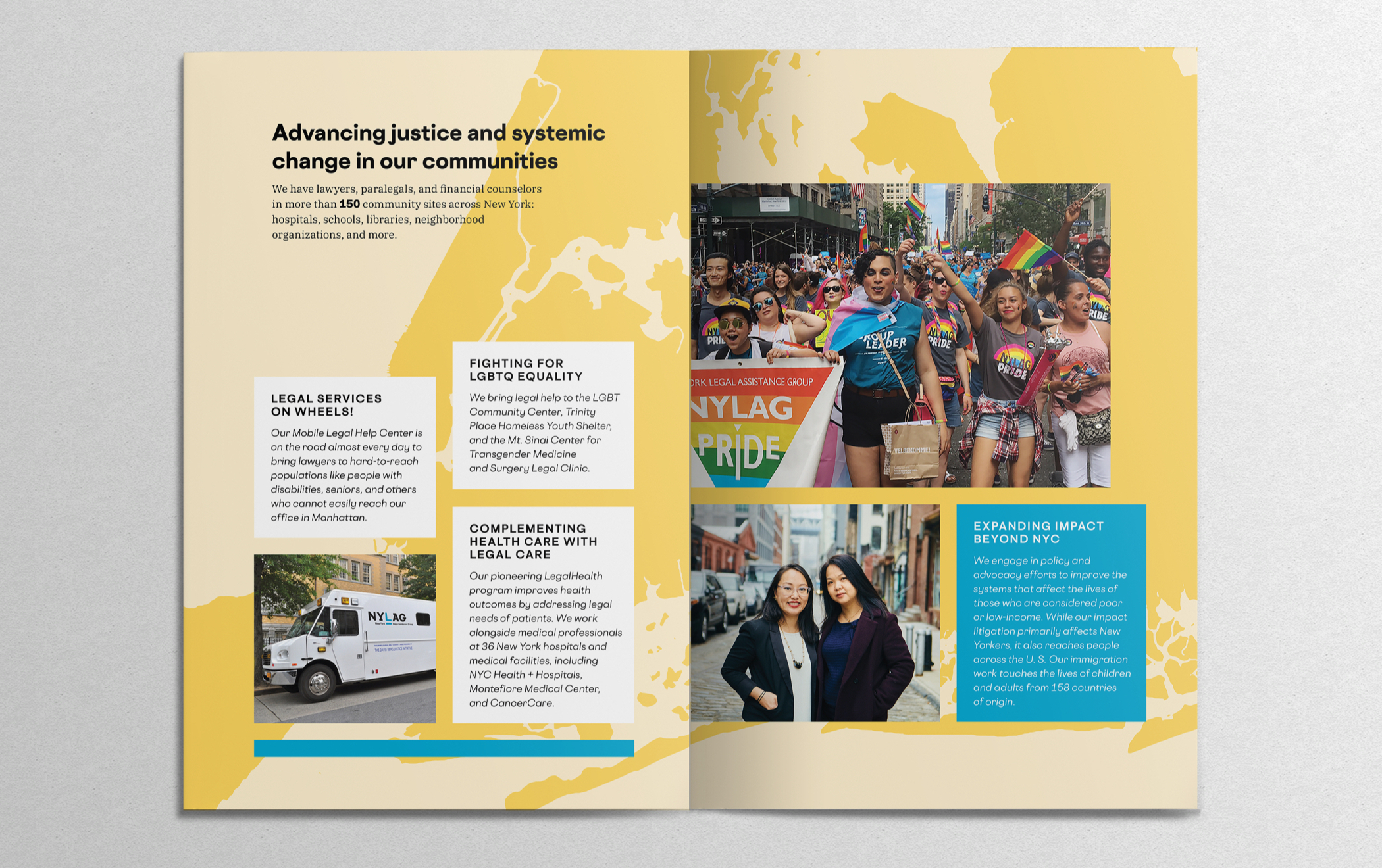 Pages of New York Legal Assistance Group brochure with title "Advancing justice and systemic change in our communities."