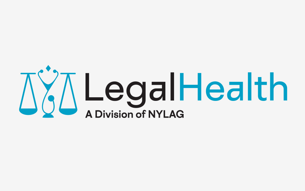 Sample of New York Legal Assistance Group program branding for the Legal Health division, including icon of stethoscope and justice scale.