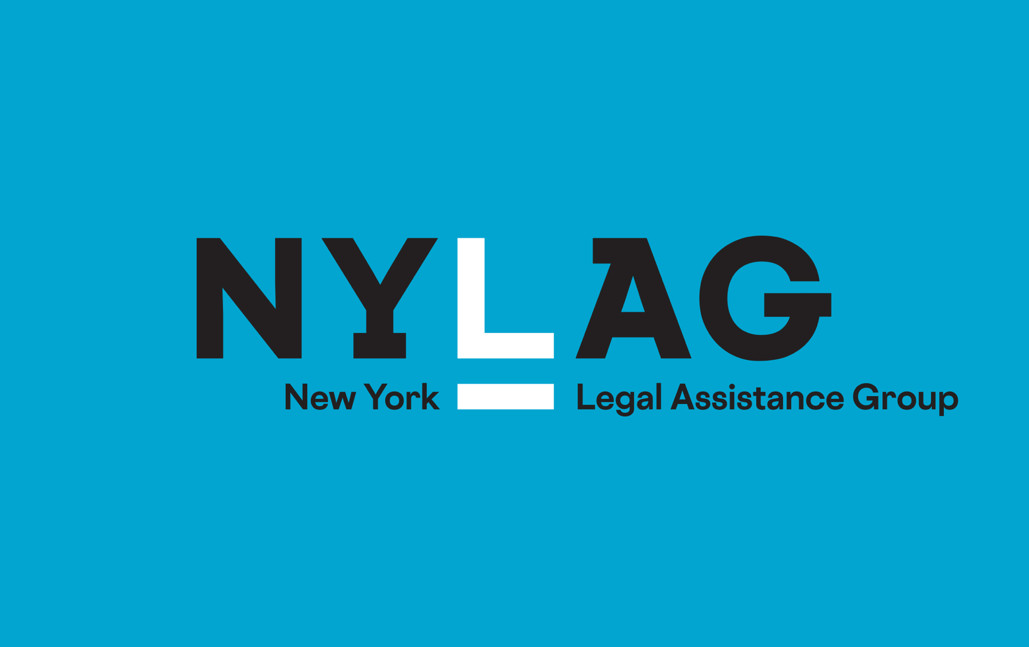 Bright blue square displaying new New York Legal Assistance Group logotype, with "New York Legal Assistance Group" underneath