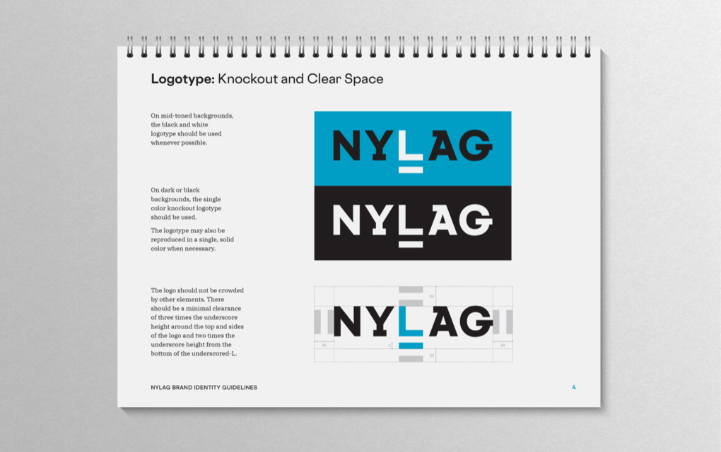 Page of New York Legal Assistance Group brand guidelines book with samples of various logo treatments.