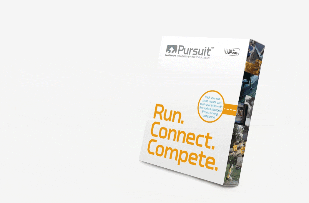 Nathan Sports Pursuit armband fitness monitor packaging with the text "Run, connect, compete."