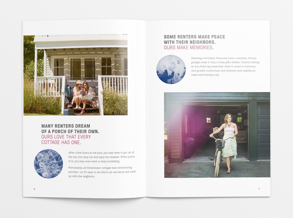 Pages from the Sweetwater Commons brochure showing Next Chapter neighbors in front of their homes.