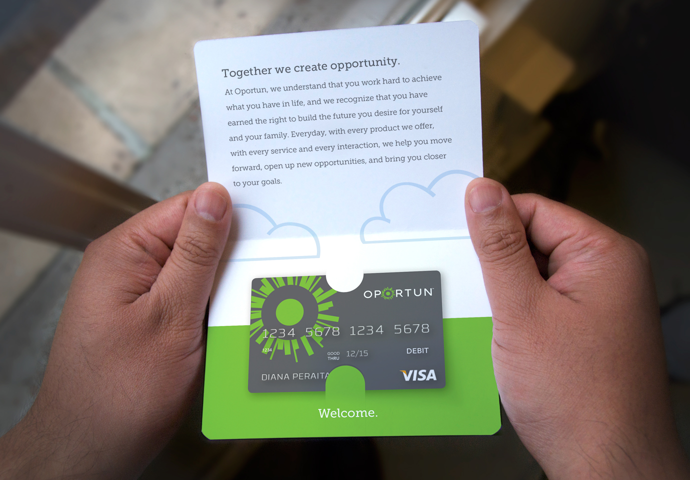 An open Oportun debit card package with the headline "Together we create opportunity" and a new Visa bank card.