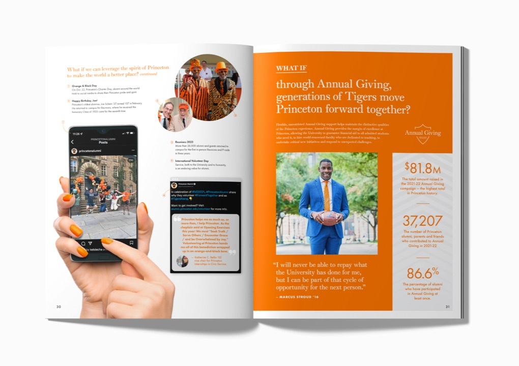Various images of the interior pages of the report, featuring vivid photos of the Princeton campus, students, and professors, as well as consistent “What If” headers, testimonials from students, and statistics highlighting the program’s impact. Each page uses Princeton’s orange and black colors.