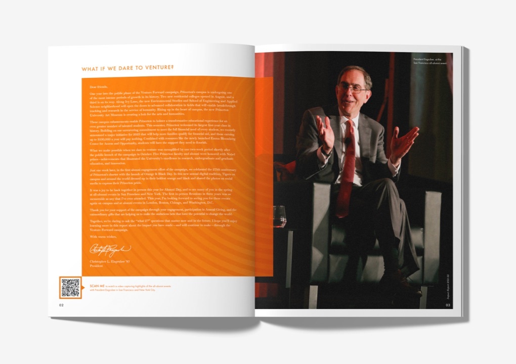 Various images of the interior pages of the report, featuring vivid photos of the Princeton campus, students, and professors, as well as consistent “What If” headers, testimonials from students, and statistics highlighting the program’s impact. Each page uses Princeton’s orange and black colors.