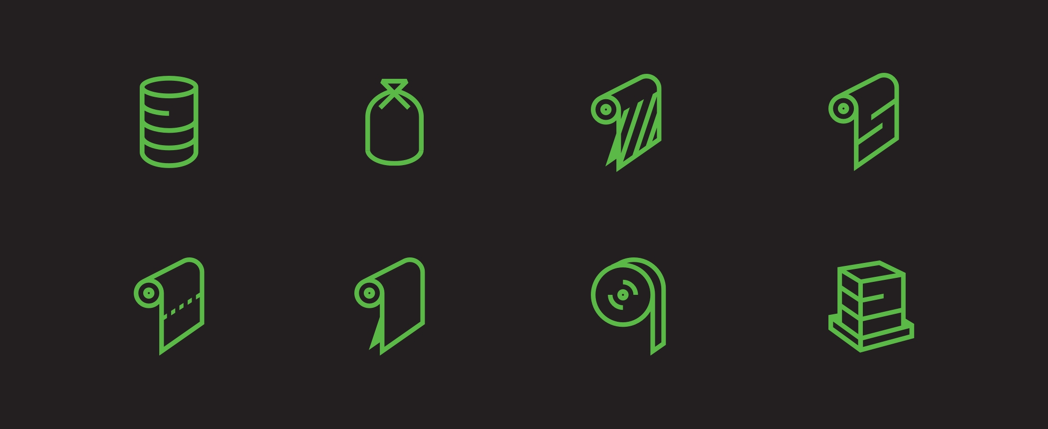 Eight illustrated icons drawn with green lines depicting the different types of Rodeo Plastics products.