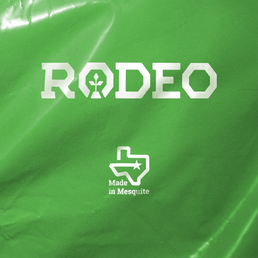 The Rodeo Plastics logotype and the tagline "Made in Mesquite" imprinted on a sheet of green plastic.