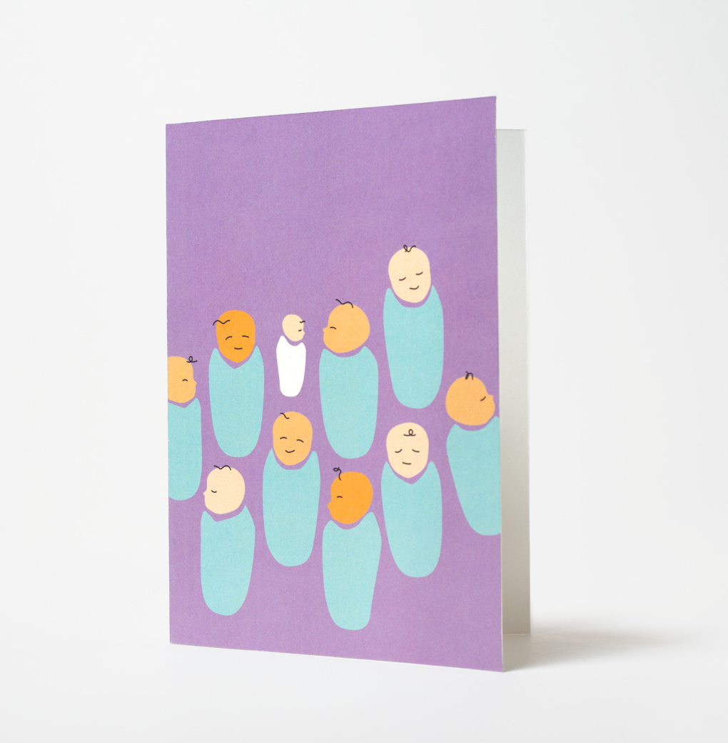A Saul's Light greeting card with a group of newborns in bundled in pastel blue blankets.