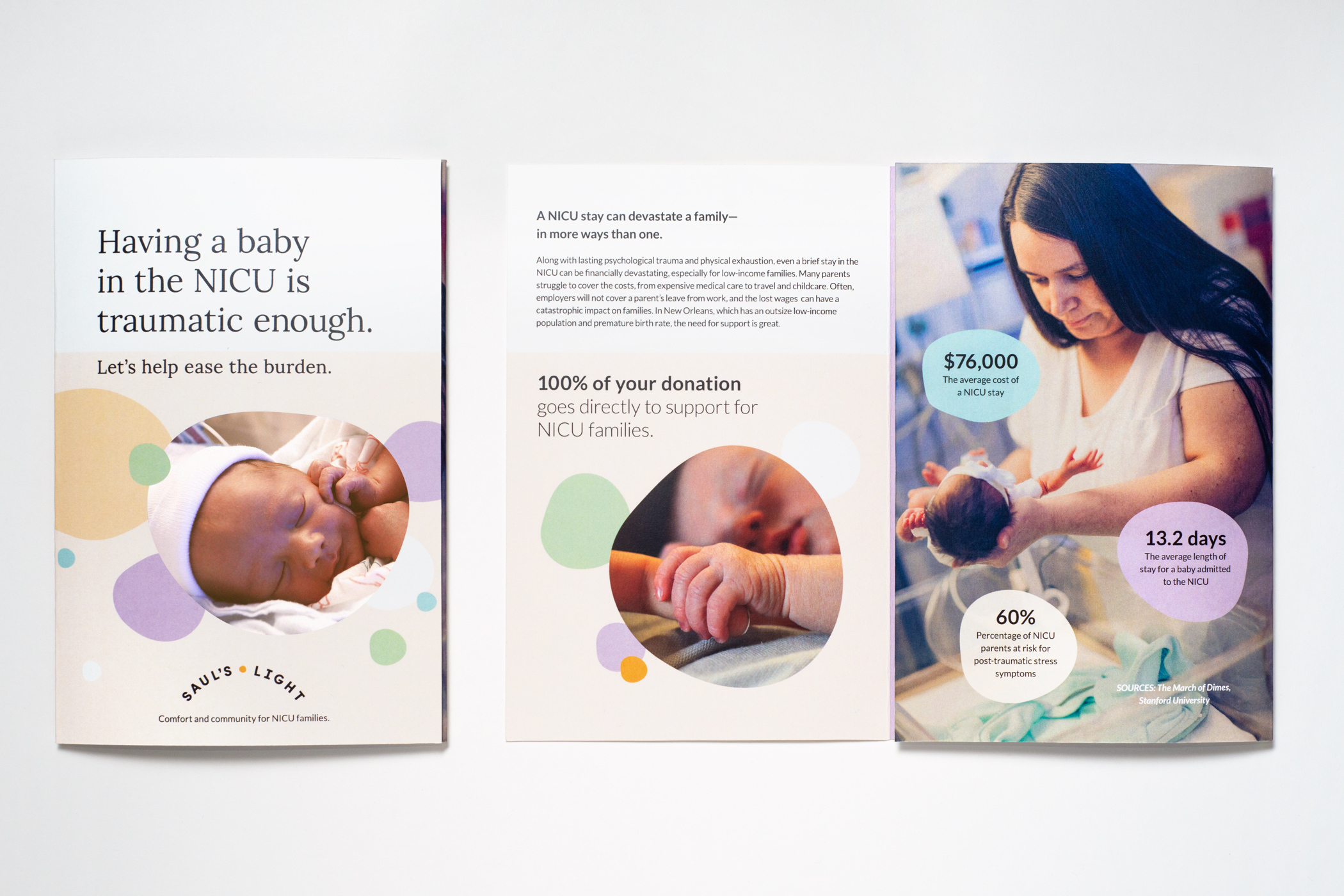 A Saul's Light brochure with the title, Having a baby in the NICU is traumatic enough and NICU facts and figures.