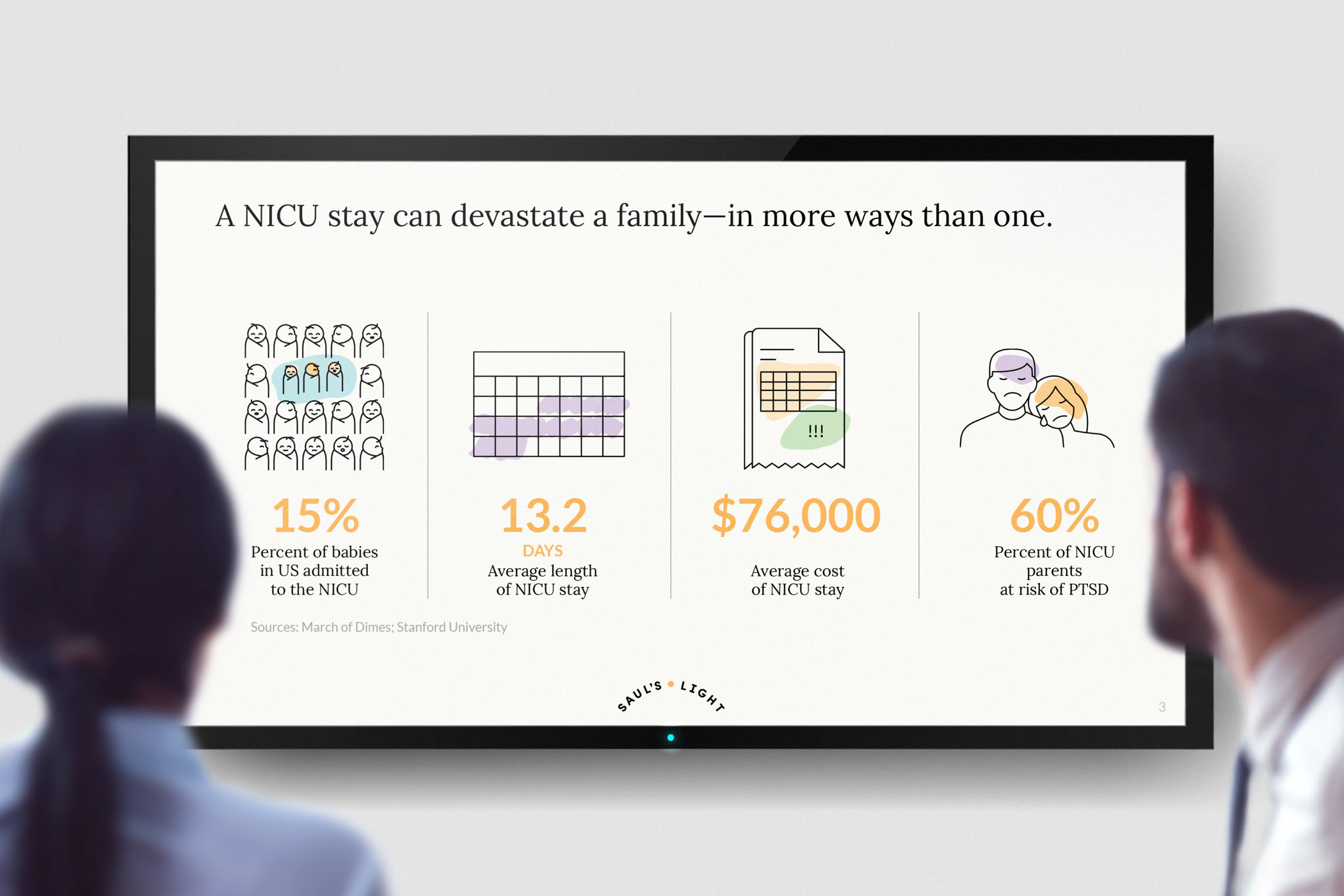 A Saul's Light presentation page with the headline text, A NICU stay can devastate a family in more ways than one.