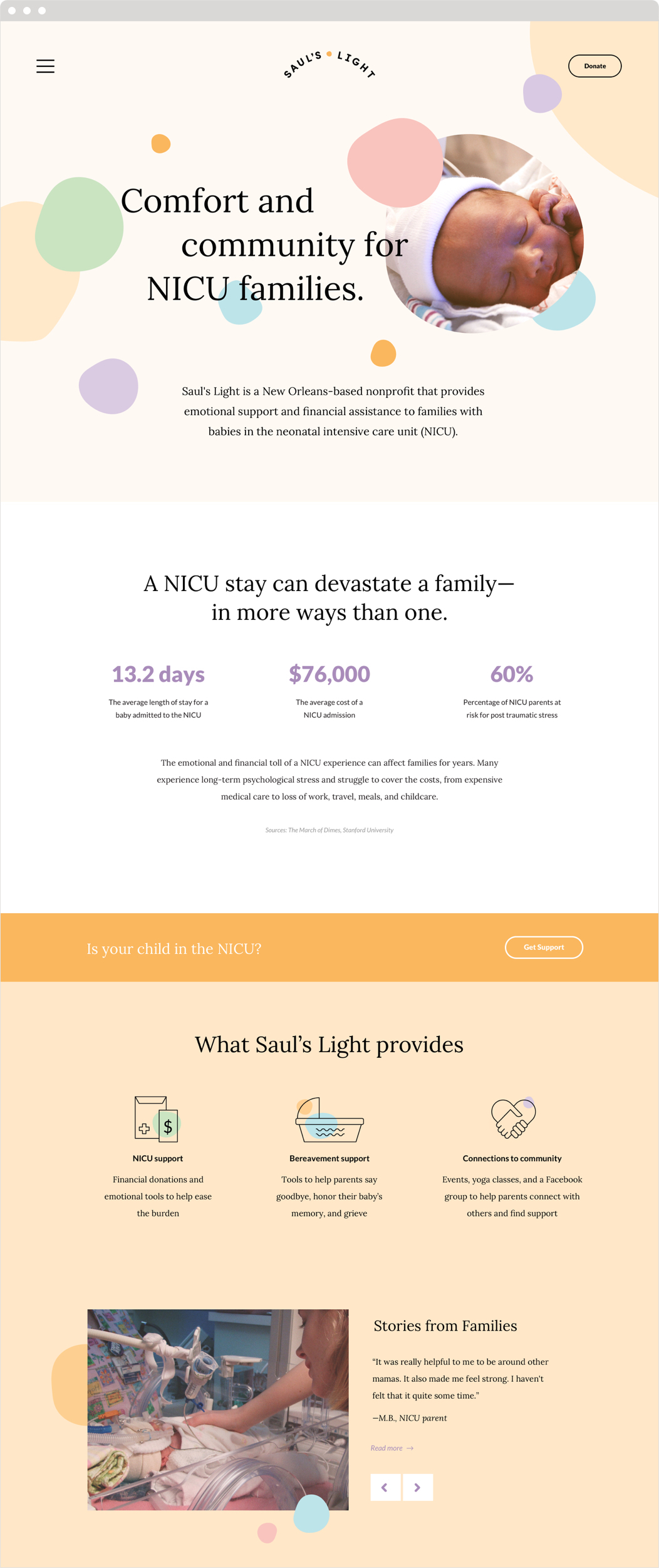 The Saul's Light web homepage, with the image of a newborn and the headline, Comfort and community for NICU families.