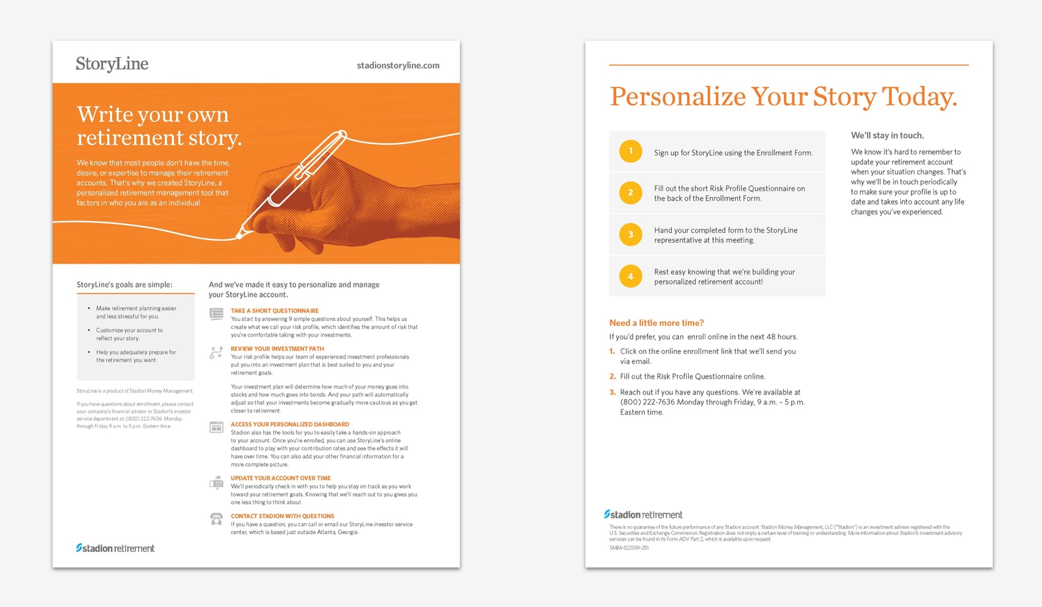 Two sales sheets with headlines “Write your own retirement story” and “Personalize Your Story Today.”