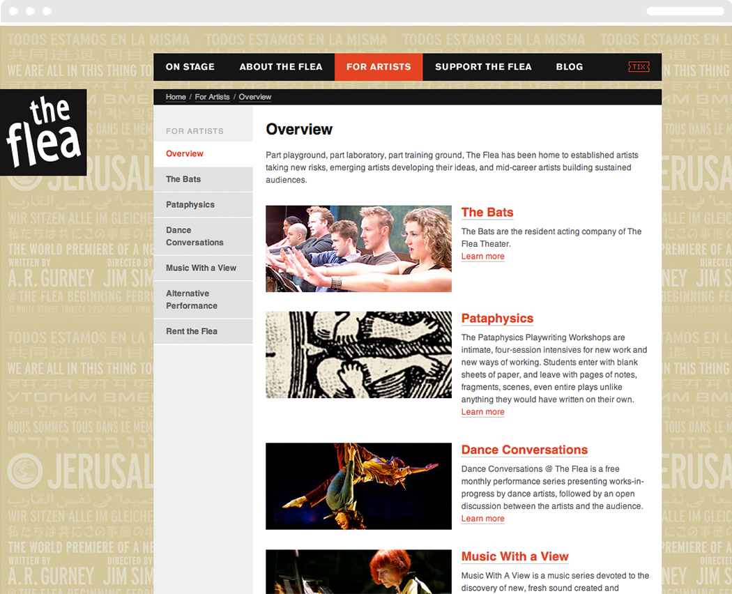 The overview page for artists from The Flea Theater website, with information about programs and productions.